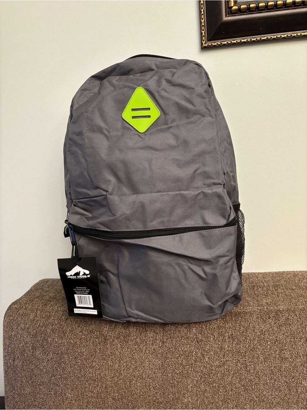 Gray unisex  Backpack with Lime Accent - Casual Everyday Bag